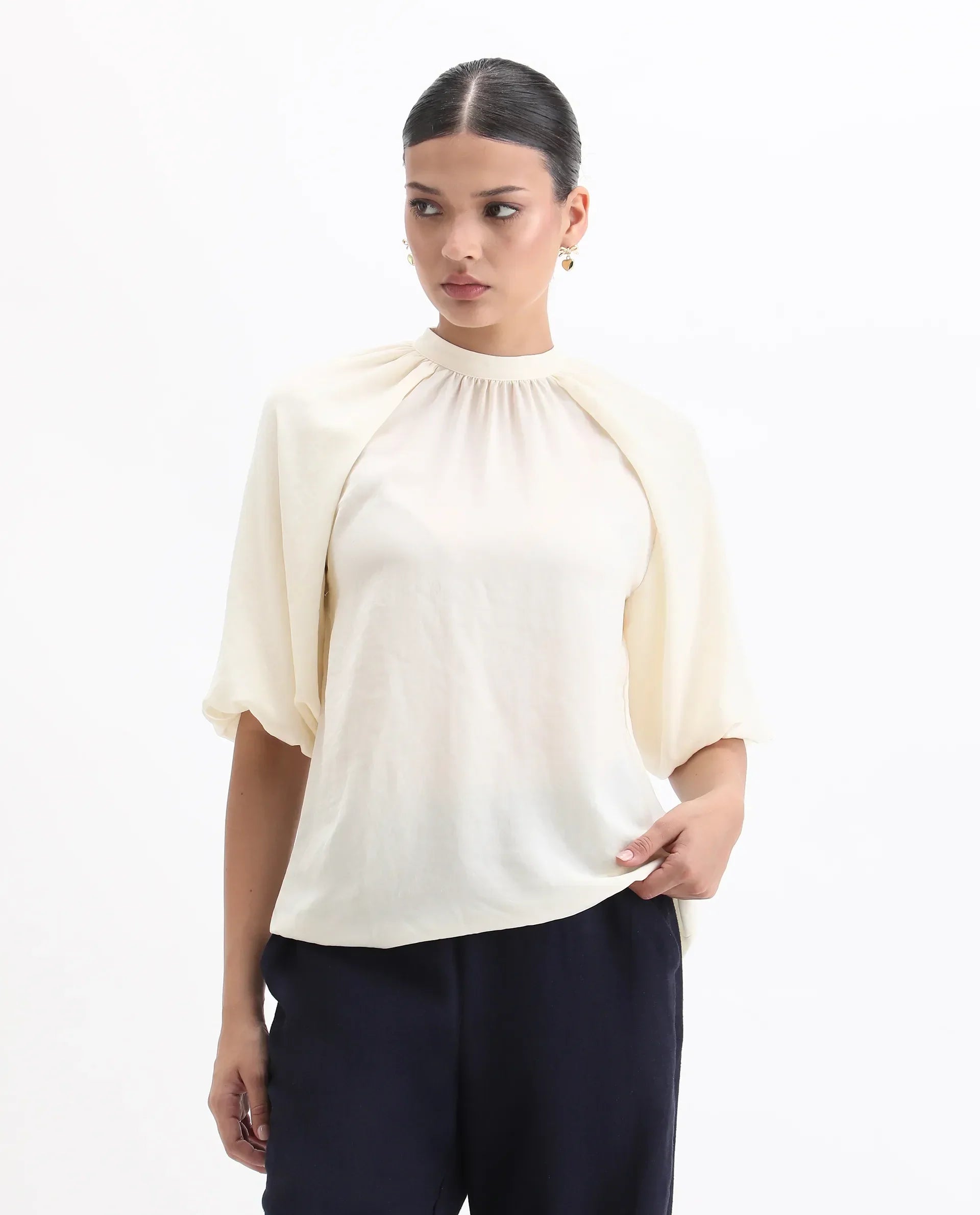 Rareism Women's Nito Beige Satin Mandarin Collar Plain Raglan Sleeve Regular Fit Top