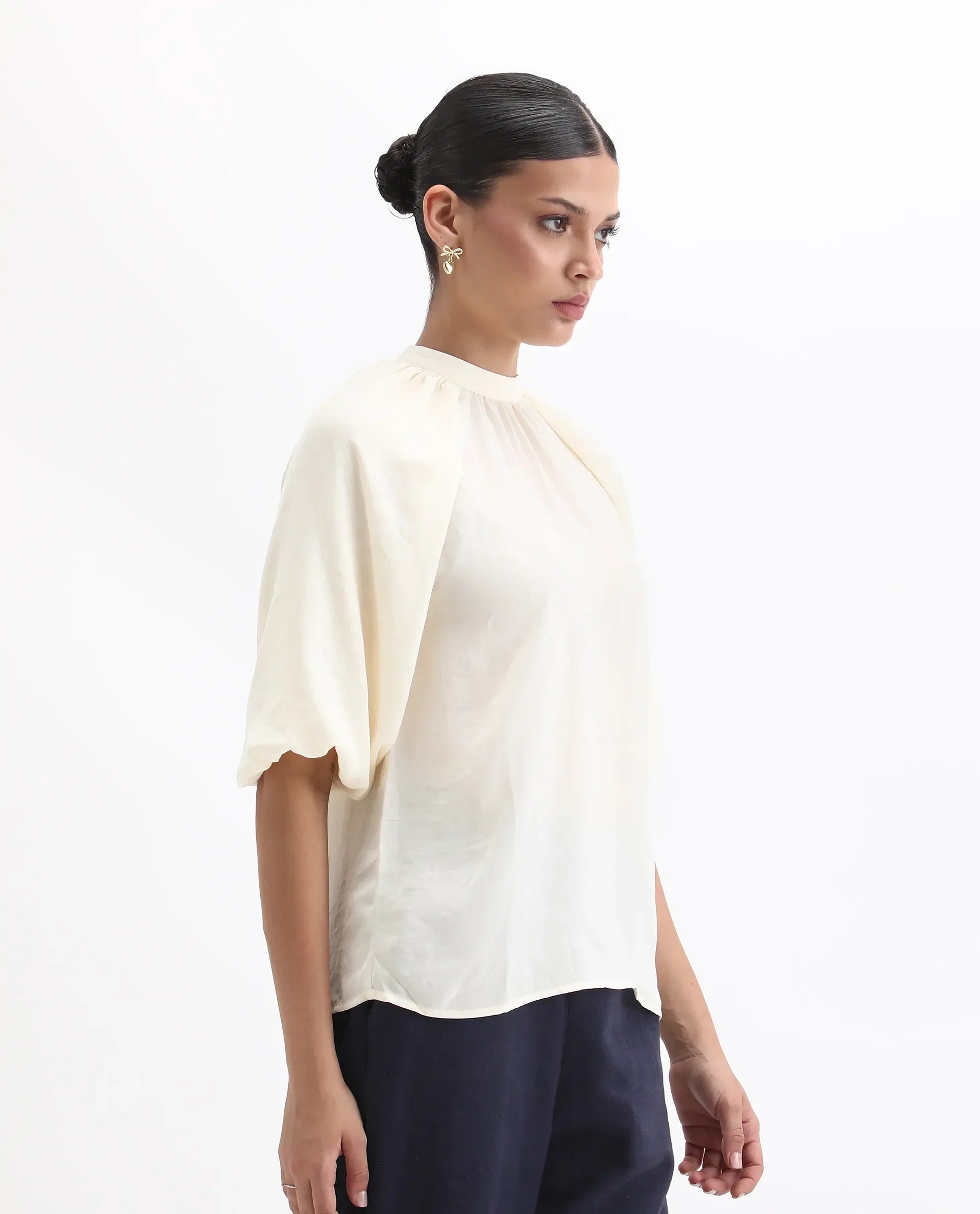 Rareism Women's Nito Beige Satin Mandarin Collar Plain Raglan Sleeve Regular Fit Top