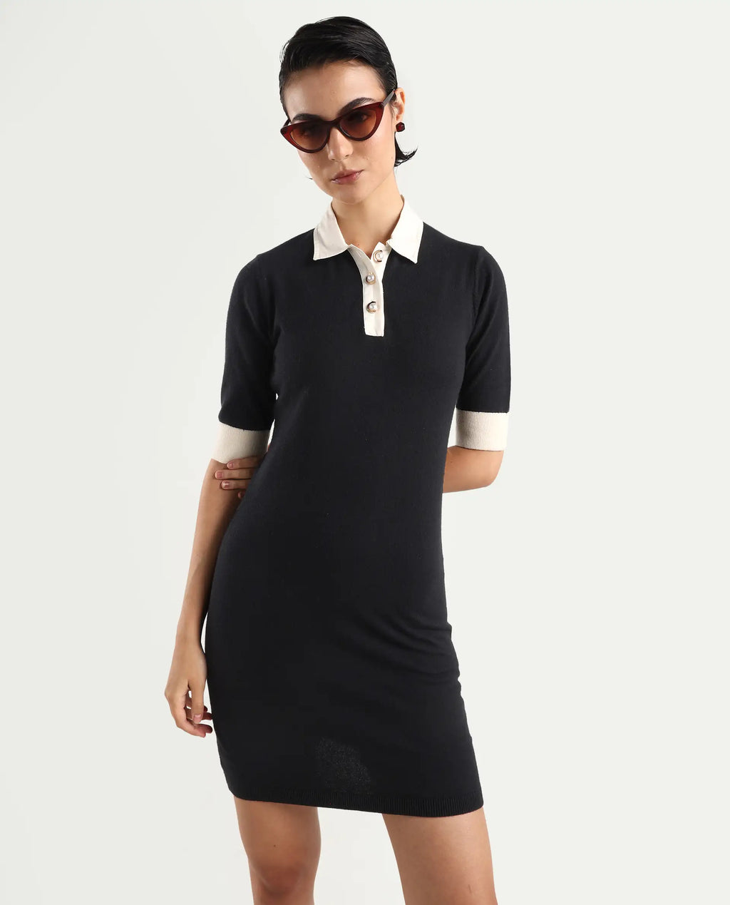 Rareism Women's Nitu Black Nylon Drop Collar Plain Knee Length Bodycon Dress