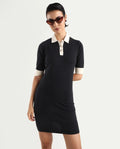 Rareism Women's Nitu Black Nylon Drop Collar Plain Knee Length Bodycon Dress