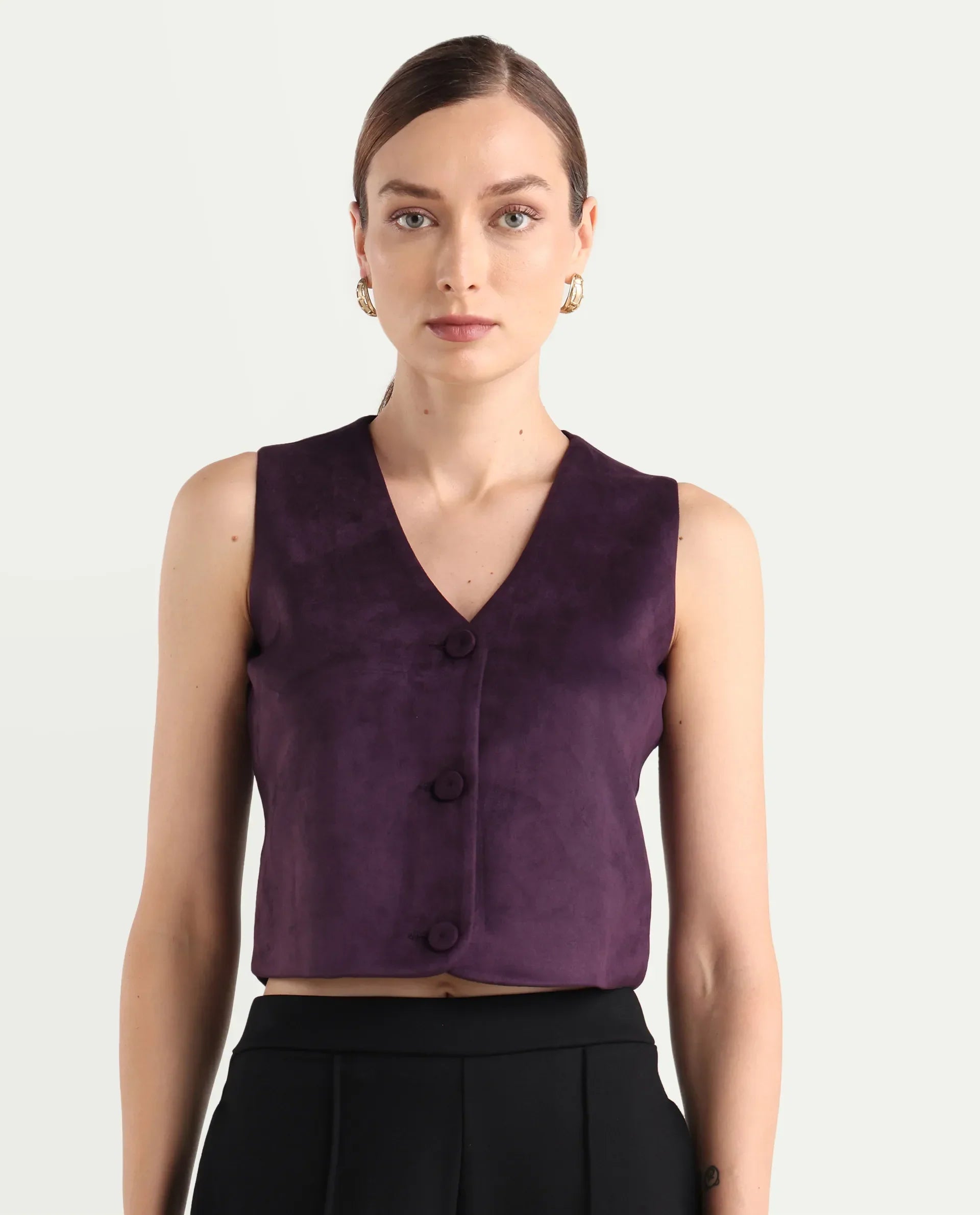 Rareism Women's Niwast-T Purple Polyester Blend V-Neck Regular Fit Waist Coat
