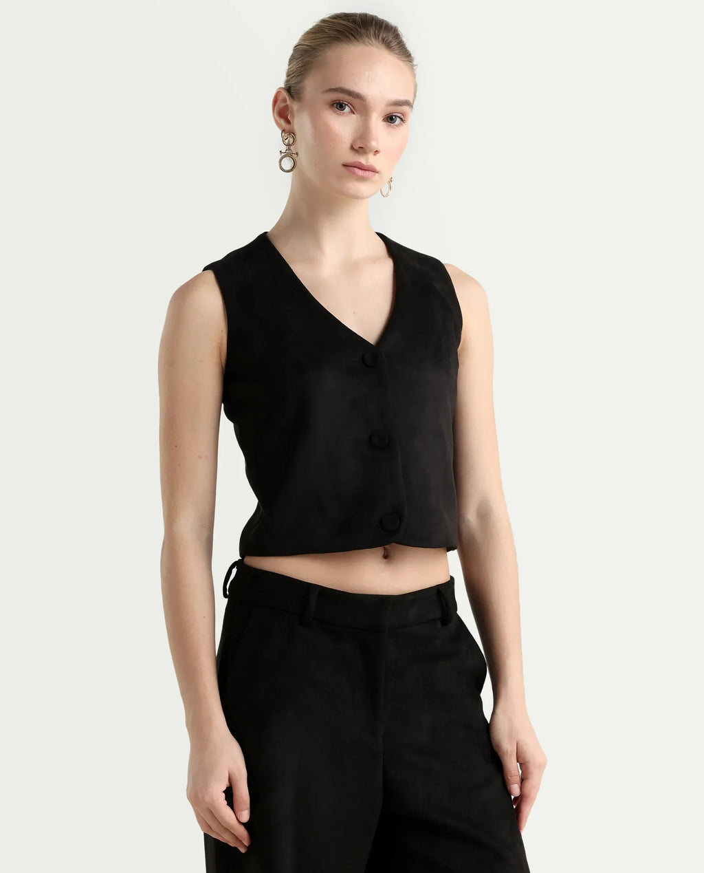 Rareism Women's Niwast-T Black Polyester Blend V-Neck Regular Fit Waist Coat
