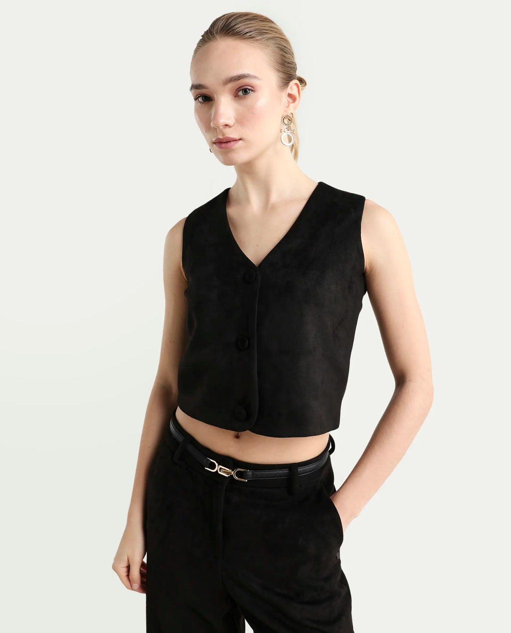 Rareism Women's Niwast-T Black Polyester Blend V-Neck Regular Fit Waist Coat