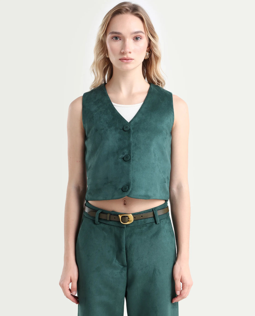 Rareism Women's Niwast-T Green Polyester Blend V-Neck Regular Fit Waist Coat