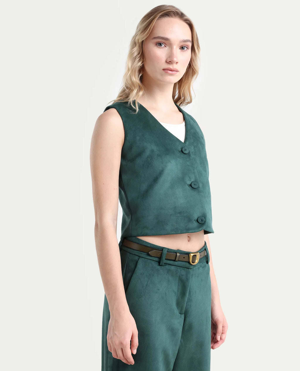Rareism Women's Niwast-T Green Polyester Blend V-Neck Regular Fit Waist Coat