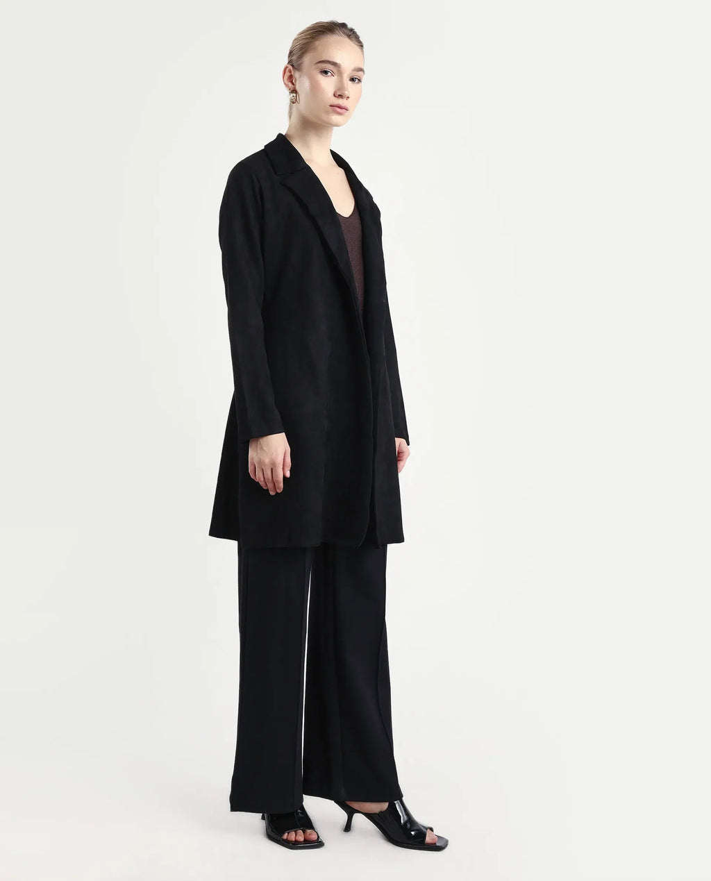 Rareism Women's Nizara Black Polyester Blend Lapel Neck Regular Fit Coat