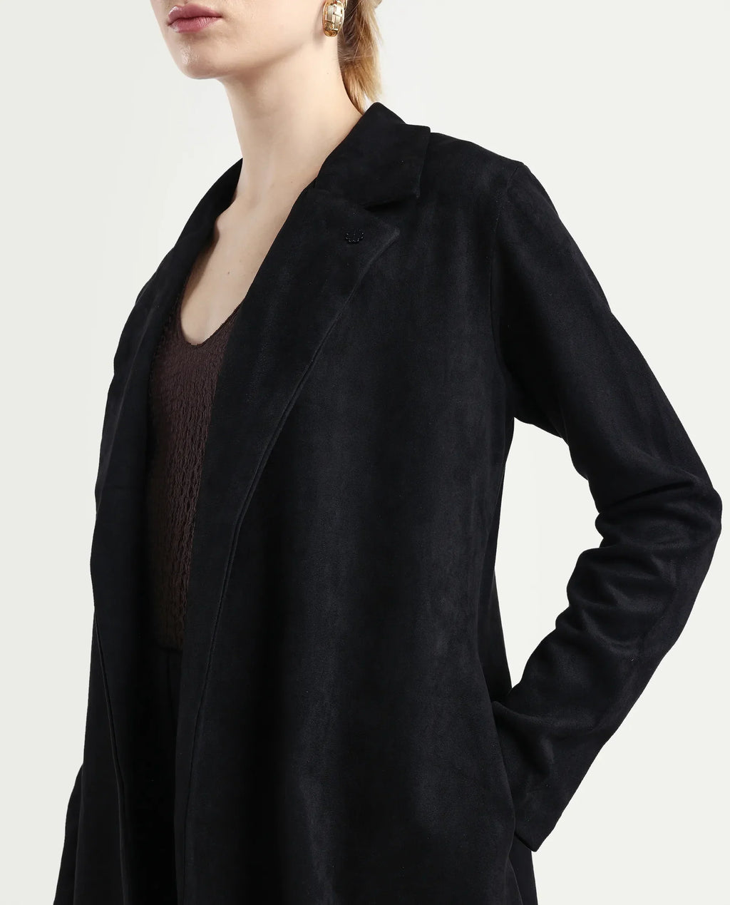 Rareism Women's Nizara Black Polyester Blend Lapel Neck Regular Fit Coat