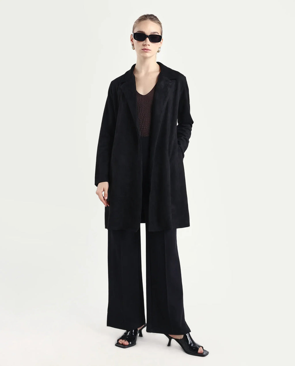 Rareism Women's Nizara Black Polyester Blend Lapel Neck Regular Fit Coat