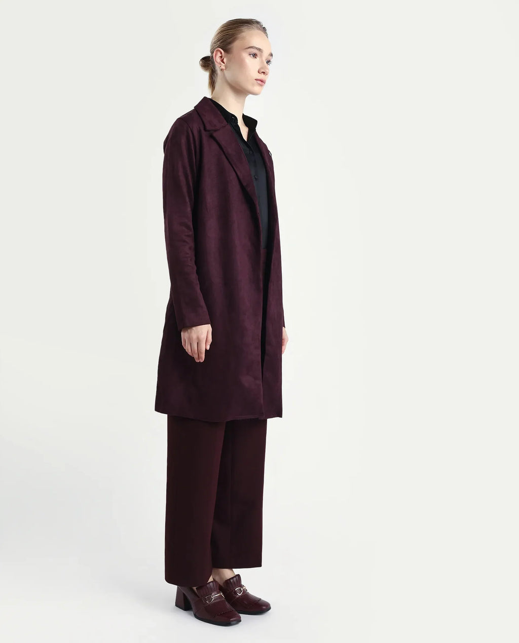 Rareism Women's Nizara Prune Polyester Blend Lapel Neck Regular Fit Coat