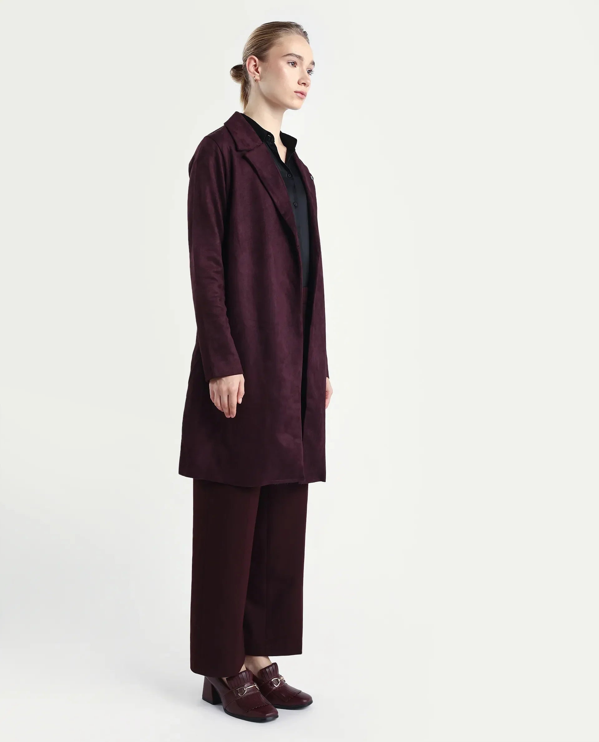 Rareism Women's Nizara Prune Polyester Blend Lapel Neck Regular Fit Coat