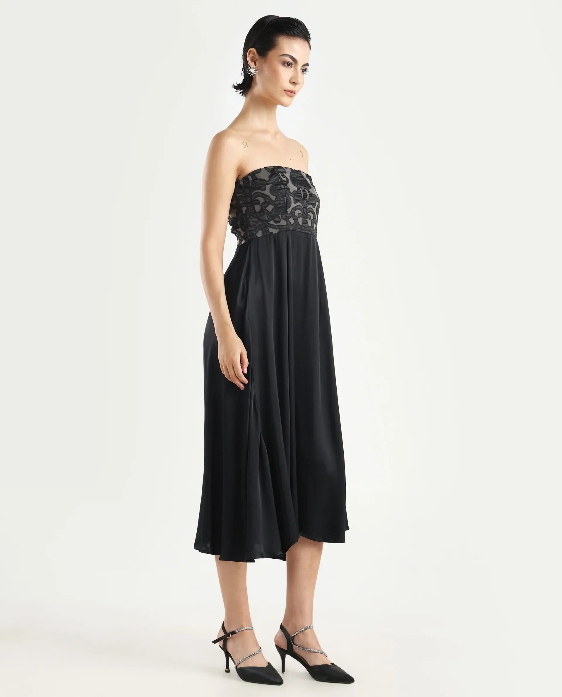 Rareism Women's Nizfer Black Satin Tube Neck Plain Sleeveless Midi Fit And Flare Dress