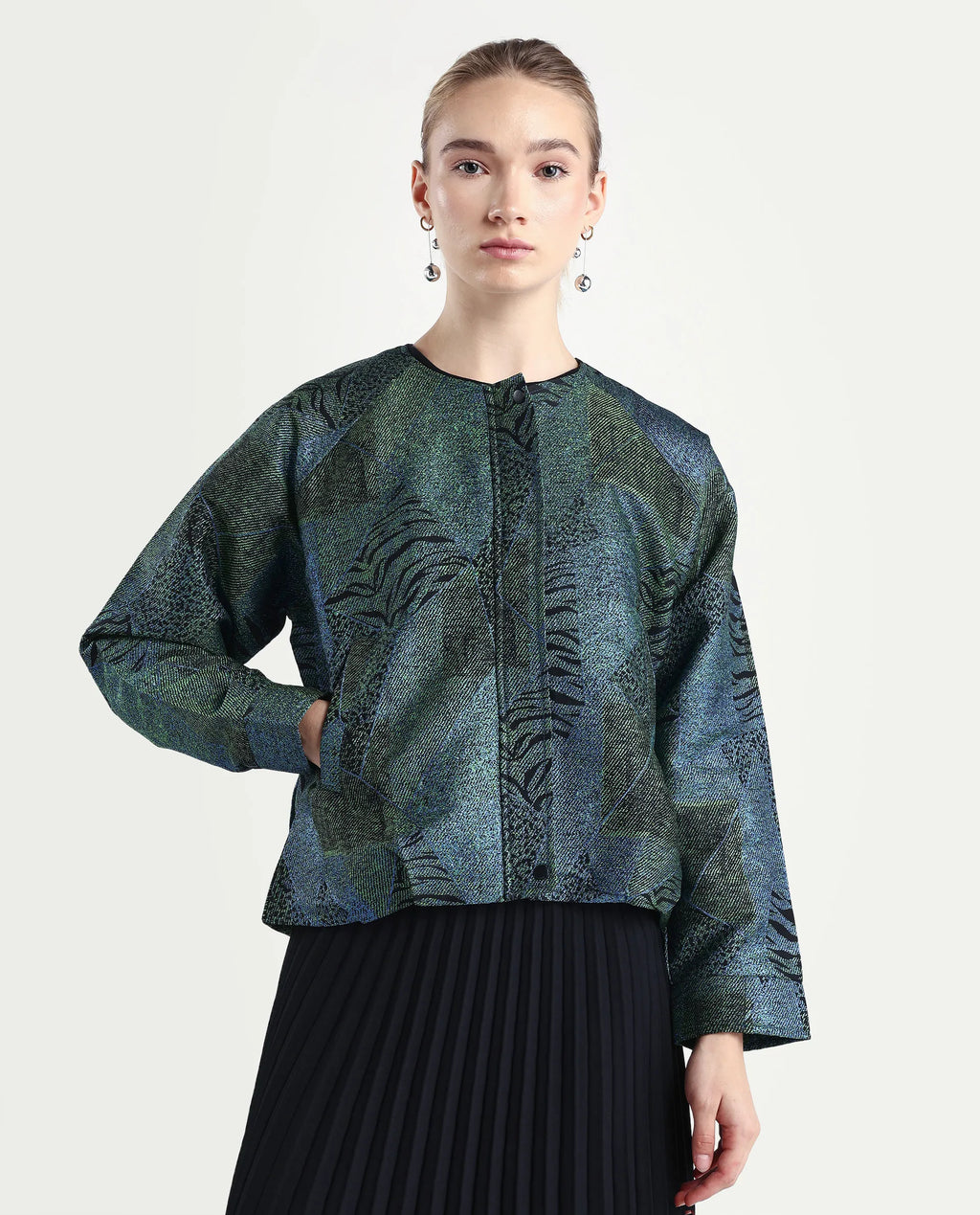 Rareism Women's Nizig Blue Polyester Blend Relaxed Fit Jacquard Jacket