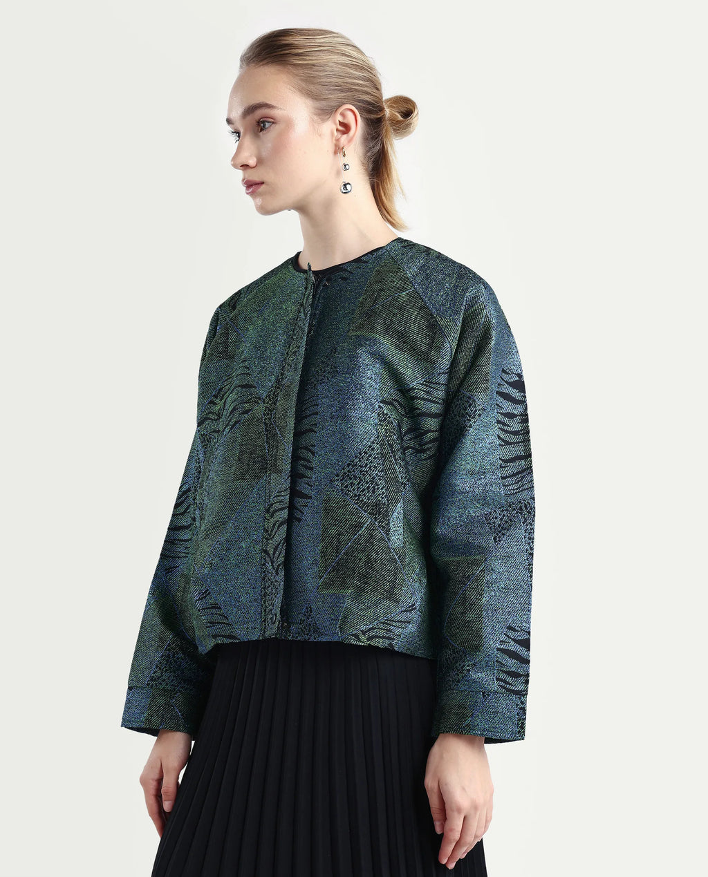 Rareism Women's Nizig Blue Polyester Blend Relaxed Fit Jacquard Jacket
