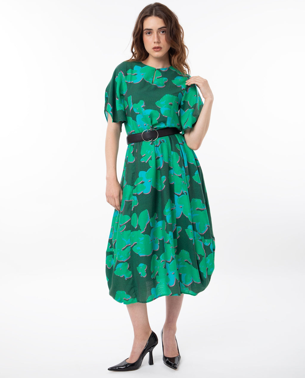 Rareism Women's Kanda Green Polyester Blend Crew Neck Abstract Print Bell Sleeve Midi Regular Fit Dress