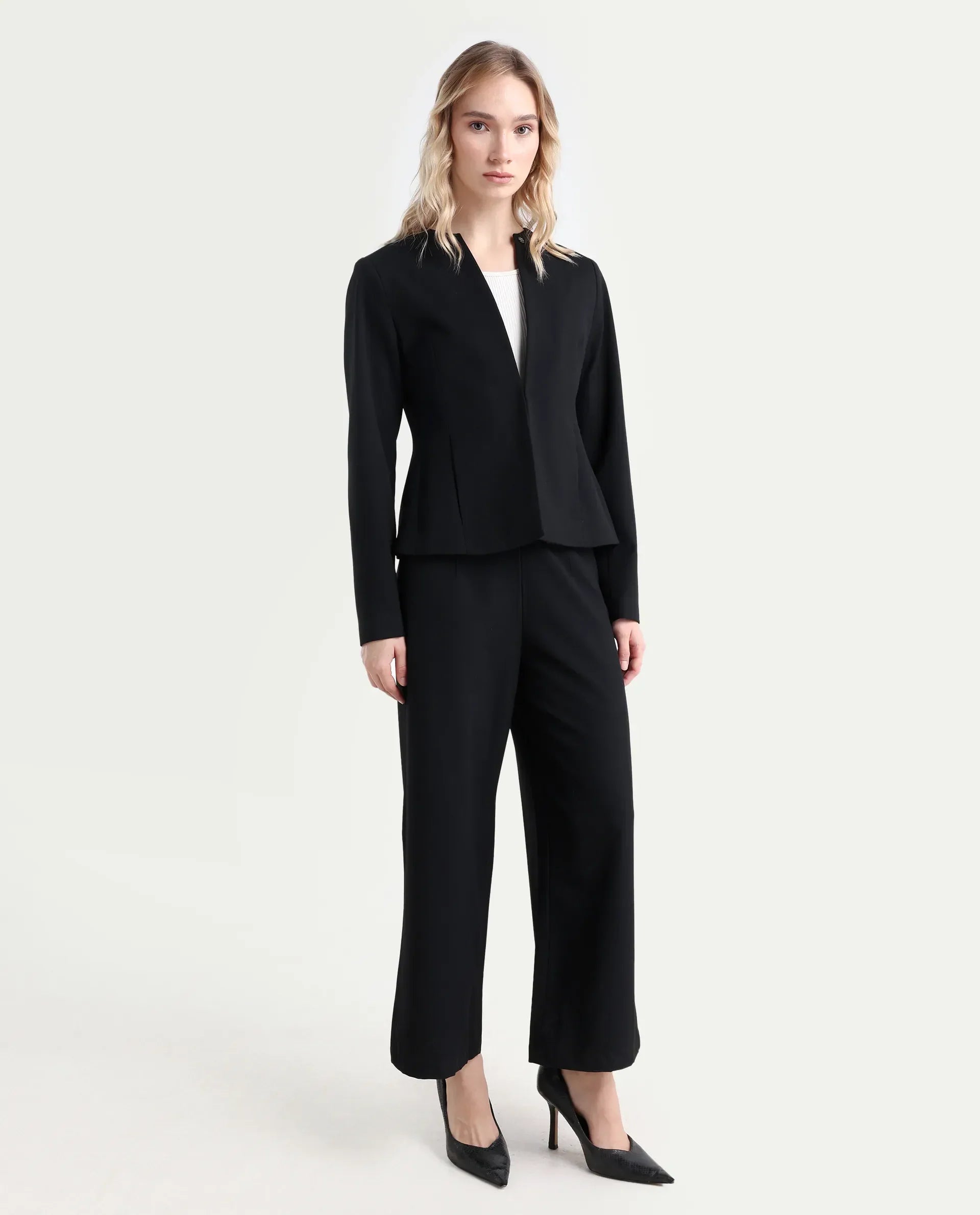Rareism Women's Noahti Black Cotton Plain Ankle Length Wide Trouser