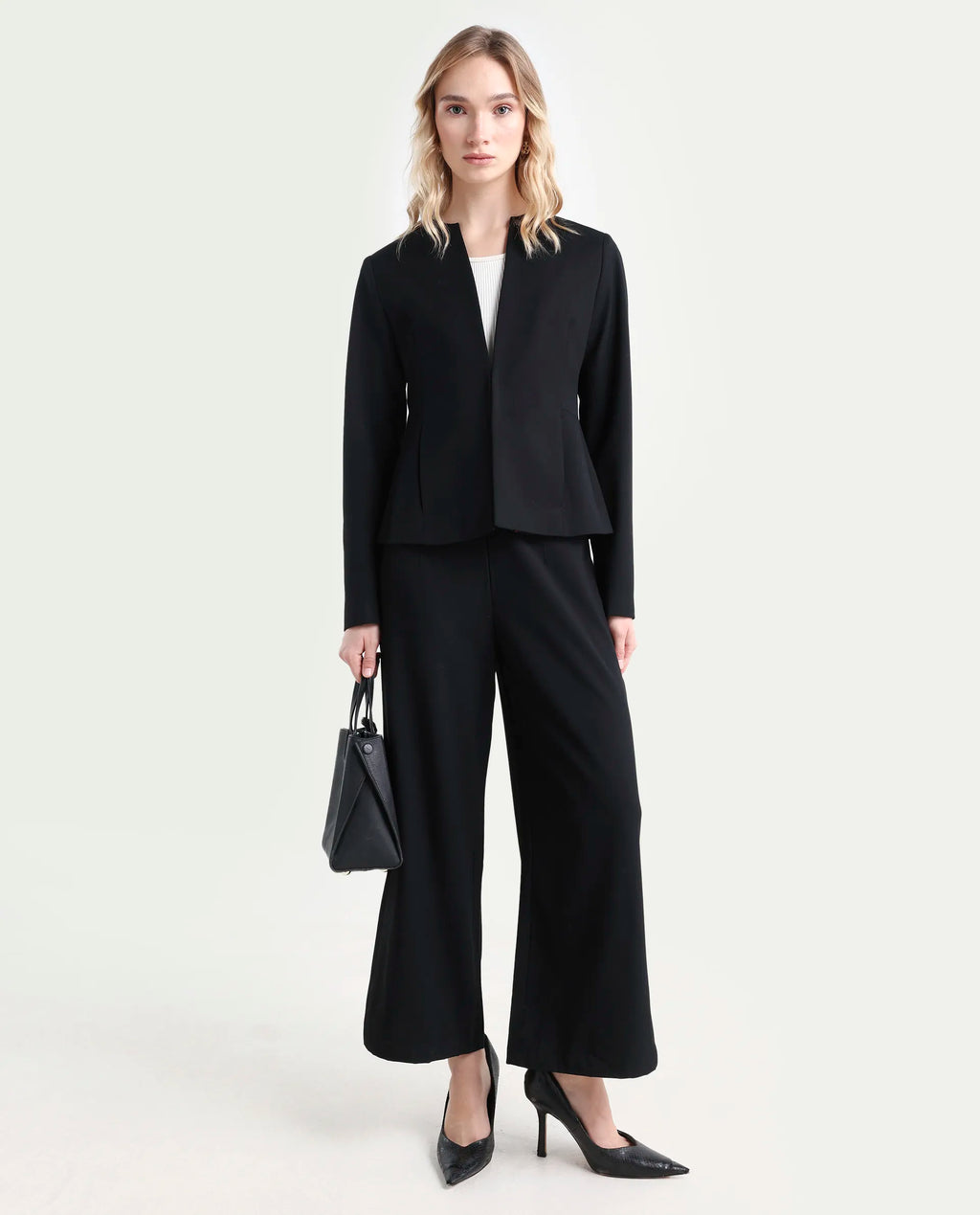 Rareism Women's Noahti Black Cotton Plain Ankle Length Wide Trouser