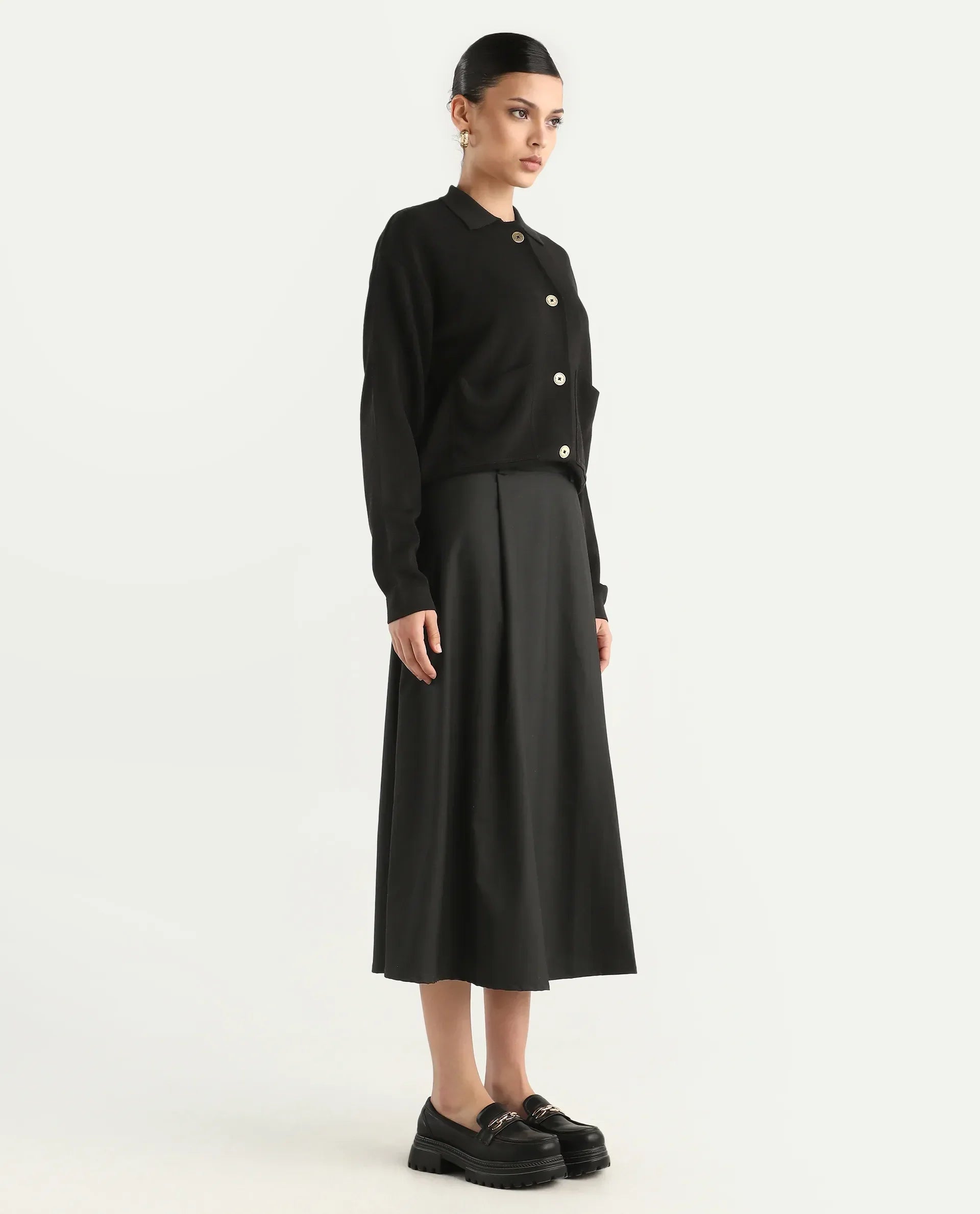 Rareism Women's Noblopa Black Polyester Blend Plain Midi A-Line Skirt