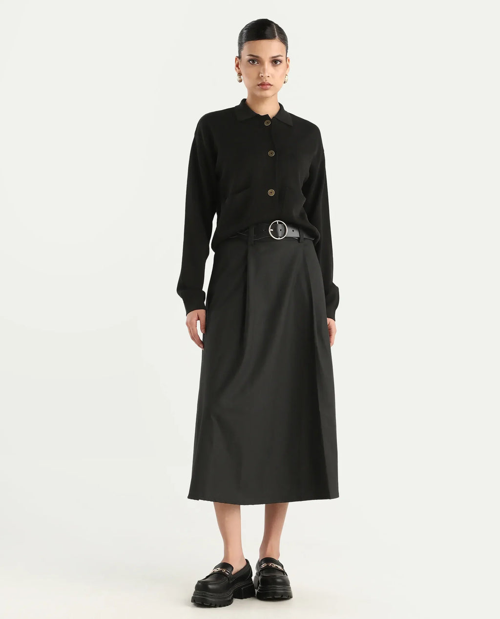 Rareism Women's Noblopa Black Polyester Blend Plain Midi A-Line Skirt