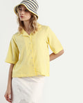 Rareism Women's Nomiki Yellow Cotton Lapel Neck Plain Regular Fit Top