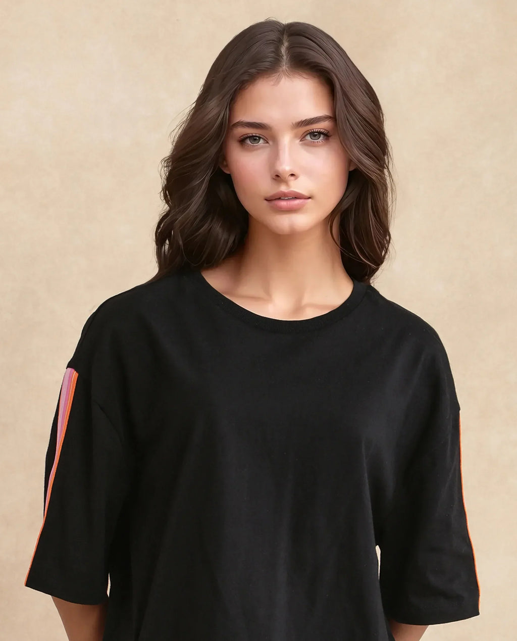 Rareism Women's Nonwen T Black Polyester Blend Crew Neck Striped Oversized T-Shirt Oversize