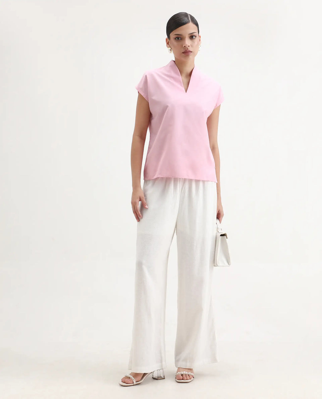 Rareism Women's Nopplo Pink Polyester Blend V-Neck Plain Extended Sleeves Regular Fit Top