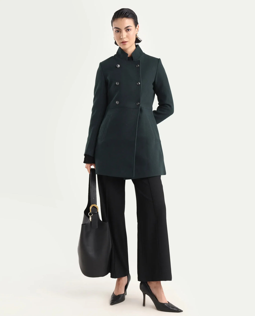 Rareism Women's Norint Dark Teal Polyester Blend Mandarin Collar Fitted Coat