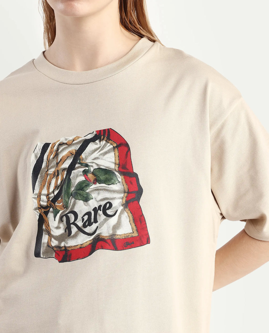 Rareism Women's Nouv Beige Cotton Crew Neck Oversized Fit T-Shirt Oversize