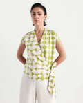 Rareism Women's Novarna Light Green Cotton Overlap Neck Geometric Print Extended Sleeves Regular Fit Top