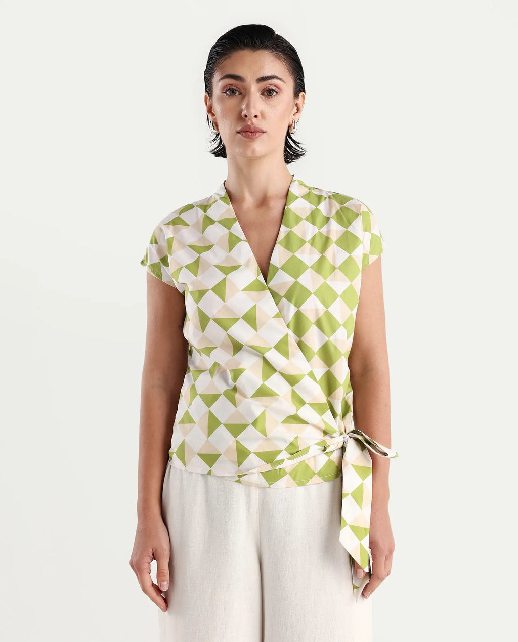 Rareism Women's Novarna Light Green Cotton Overlap Neck Geometric Print Extended Sleeves Regular Fit Top