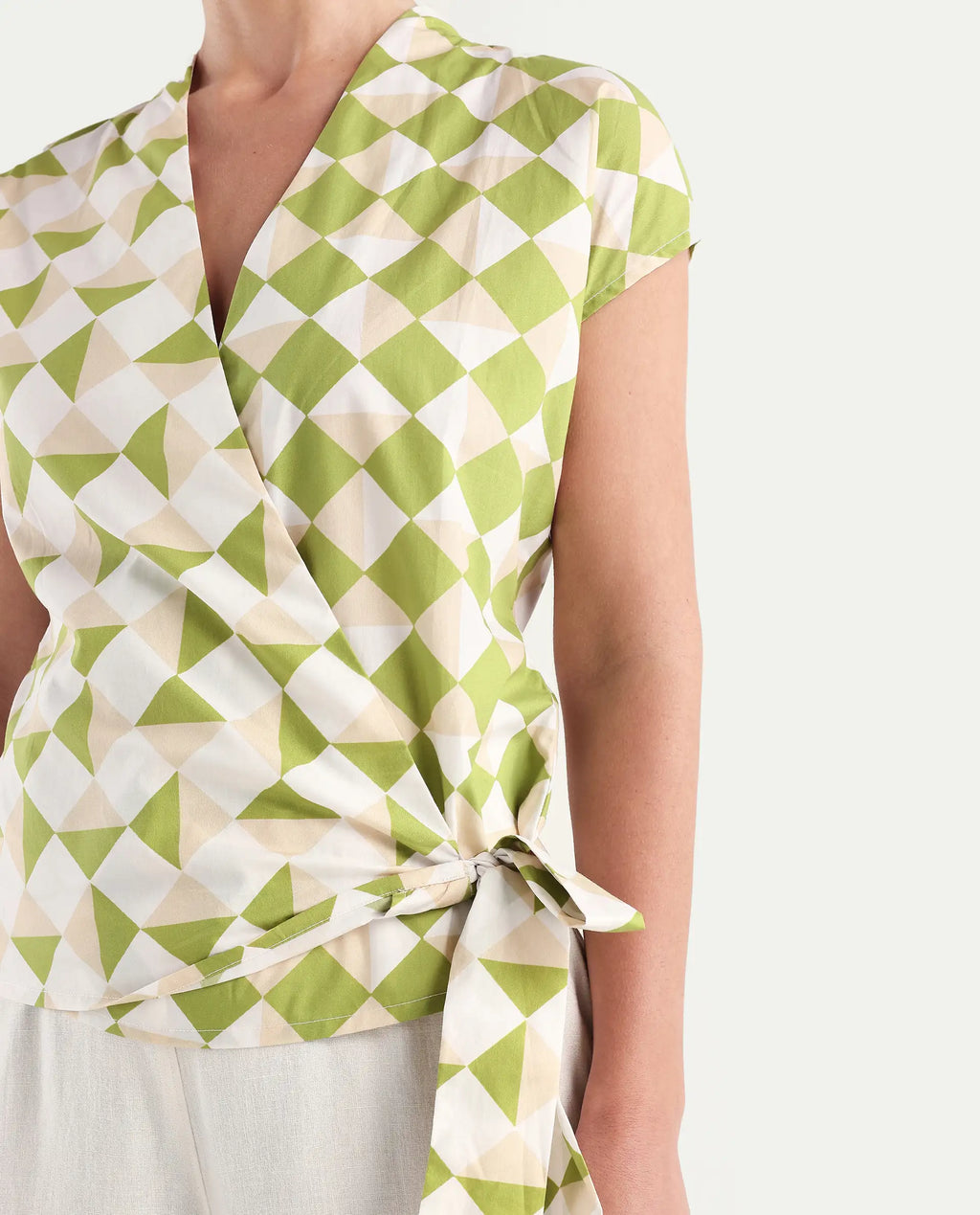 Rareism Women's Novarna Light Green Cotton Overlap Neck Geometric Print Extended Sleeves Regular Fit Top