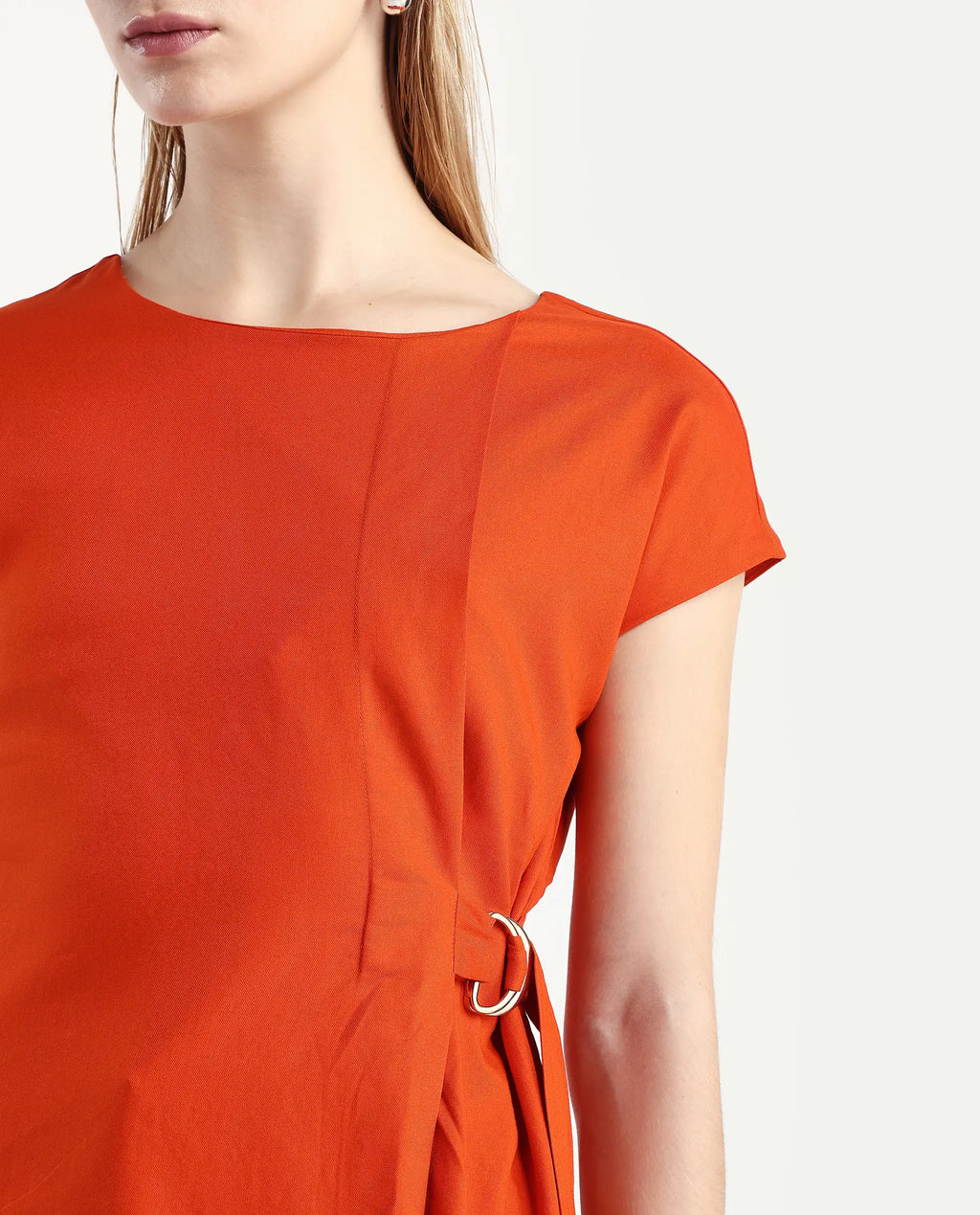 Rareism Women's Nrob Orange Viscose Blend Crew Neck Plain Extended Sleeves Regular Fit Top