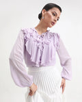 Rareism Women's Nubin Pastel Purple Polyester Bishop Sleeve Ruffled Neck Regular Fit Plain Top