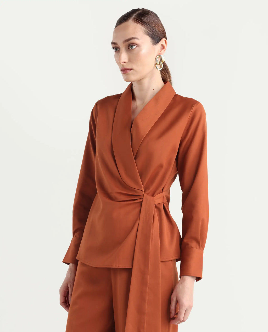 Rareism Women's Nublin-T Rust Polyester Blend Full Sleeve Lapel Neck Regular Fit Top