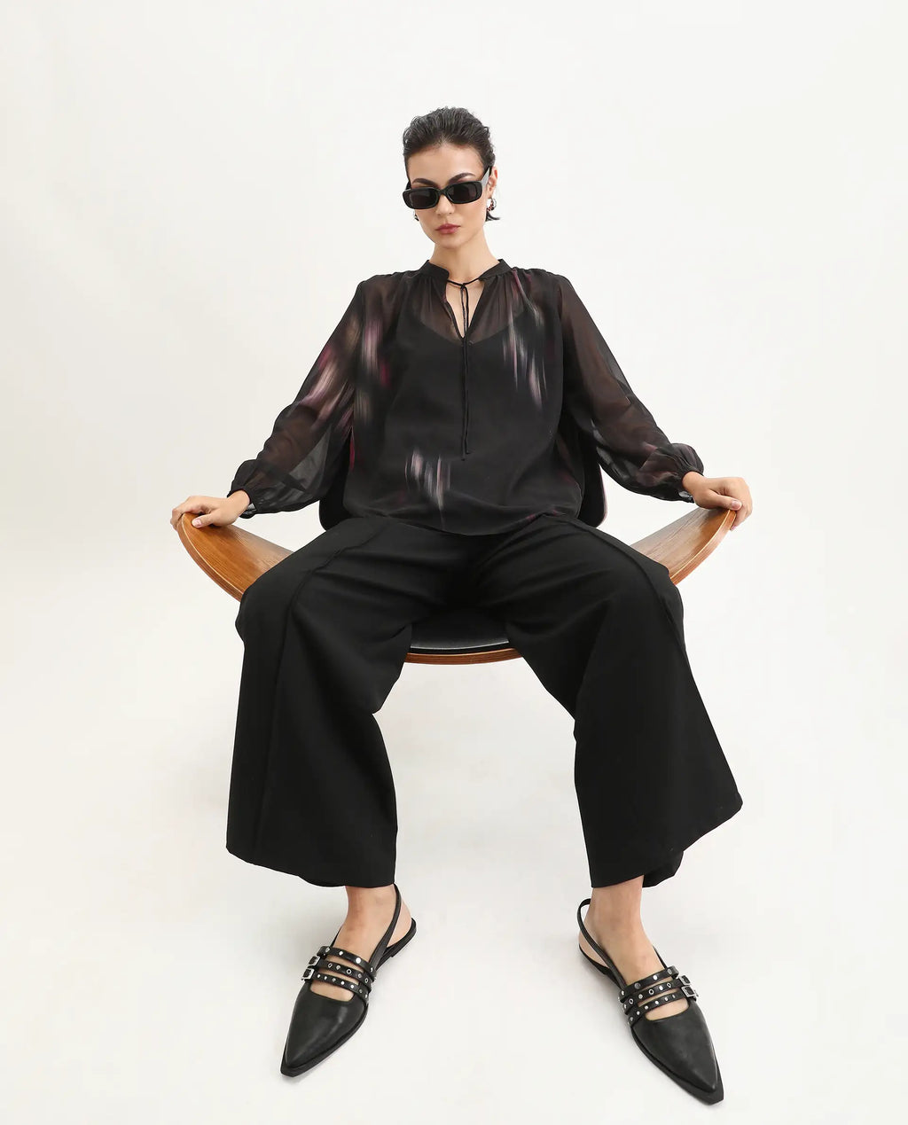 Rareism Women's Nucoso Black Polyester Full Sleeve V-Neck Relaxed Fit Top