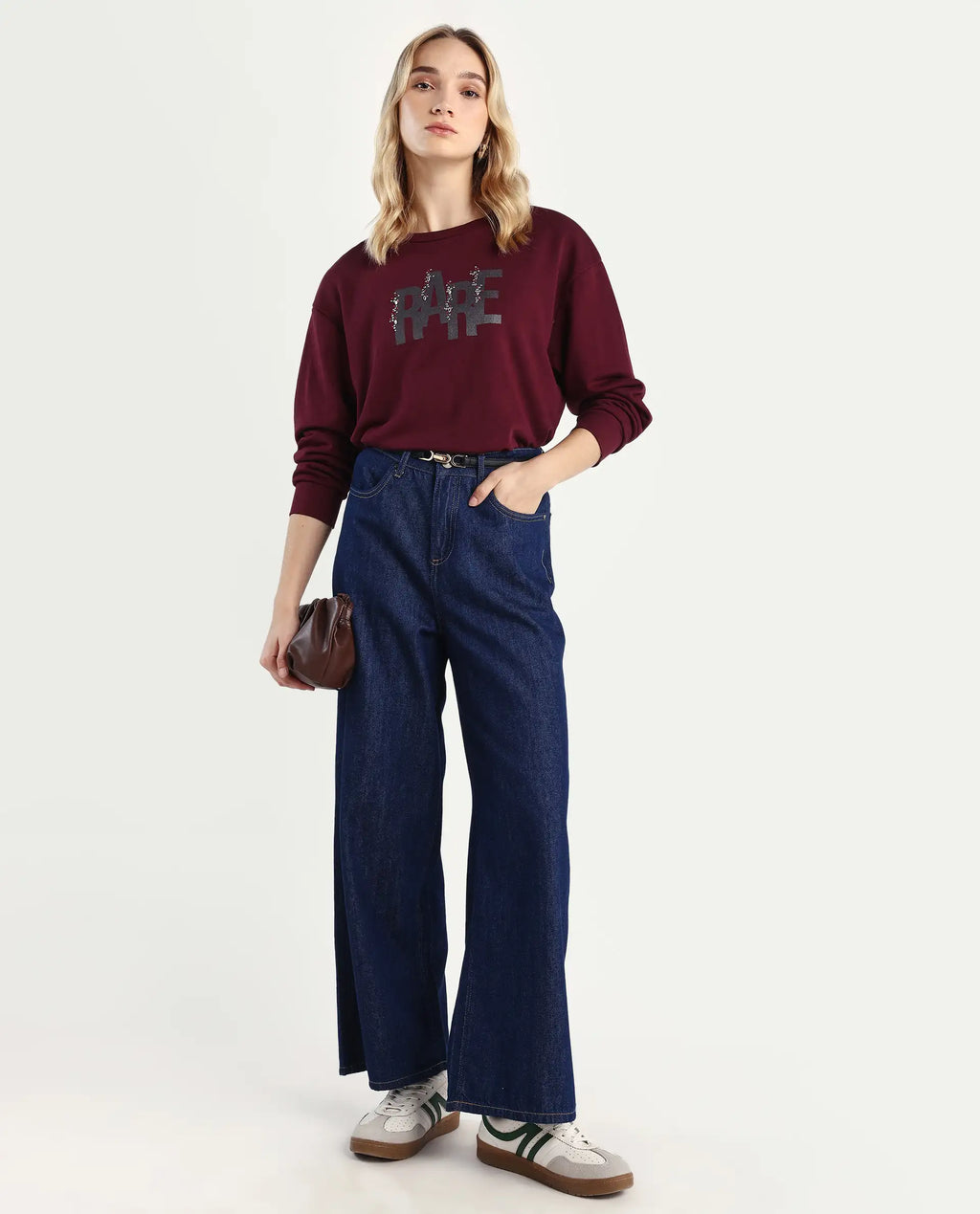 Rareism Women's Nudge Dark Maroon Cotton Blend Crew Neck Graphic Print Relaxed Fit Sweatshirt