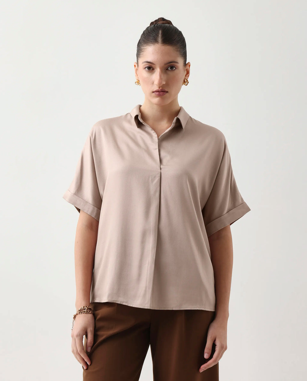 Rareism Women's Nudim Beige Viscose Extended Sleeves Jonny Collar Boxy Fit Plain Top