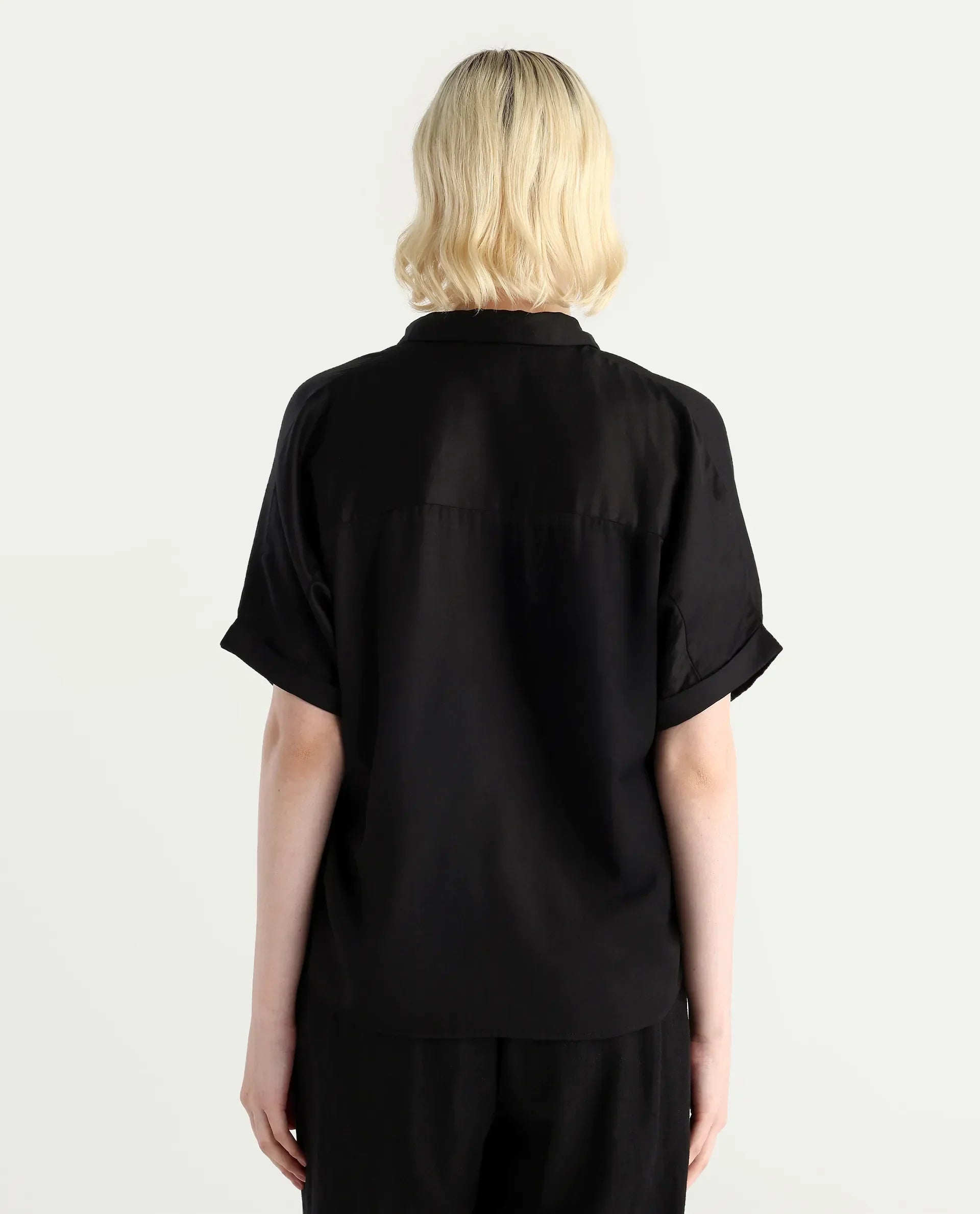 Rareism Women Nudim Black Extended Sleeves Jonny Collar Boxy Fit Plain Top