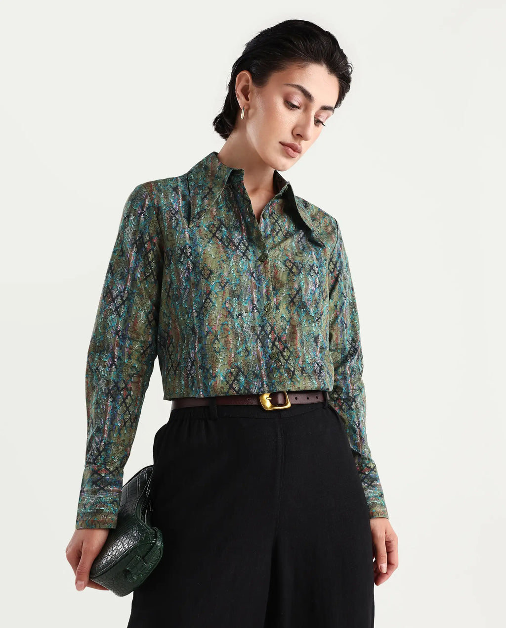Rareism Women's Nudo Multi Cotton Spread Collar Abstract Print Regular Fit Top