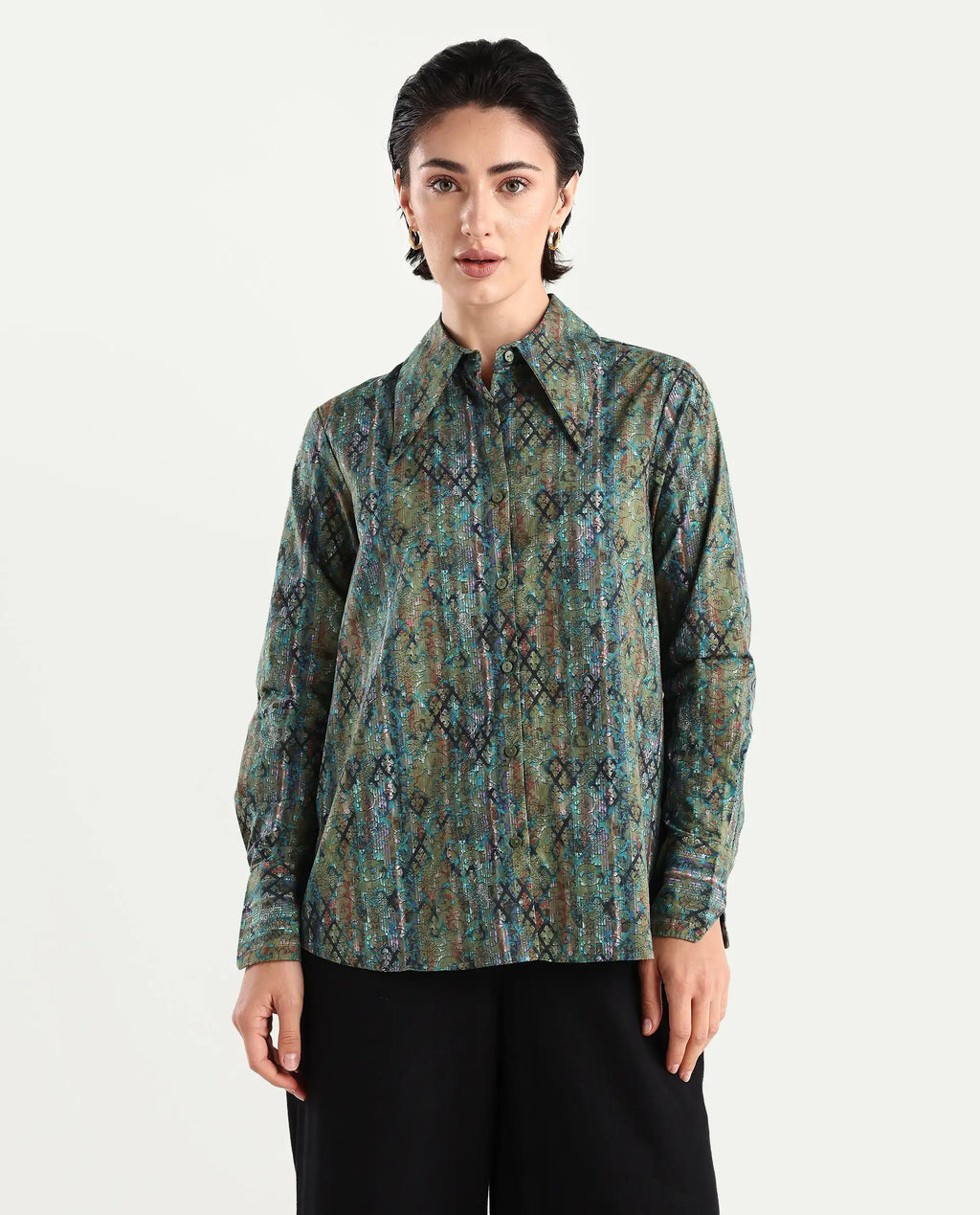 Rareism Women's Nudo Multi Cotton Spread Collar Abstract Print Regular Fit Top