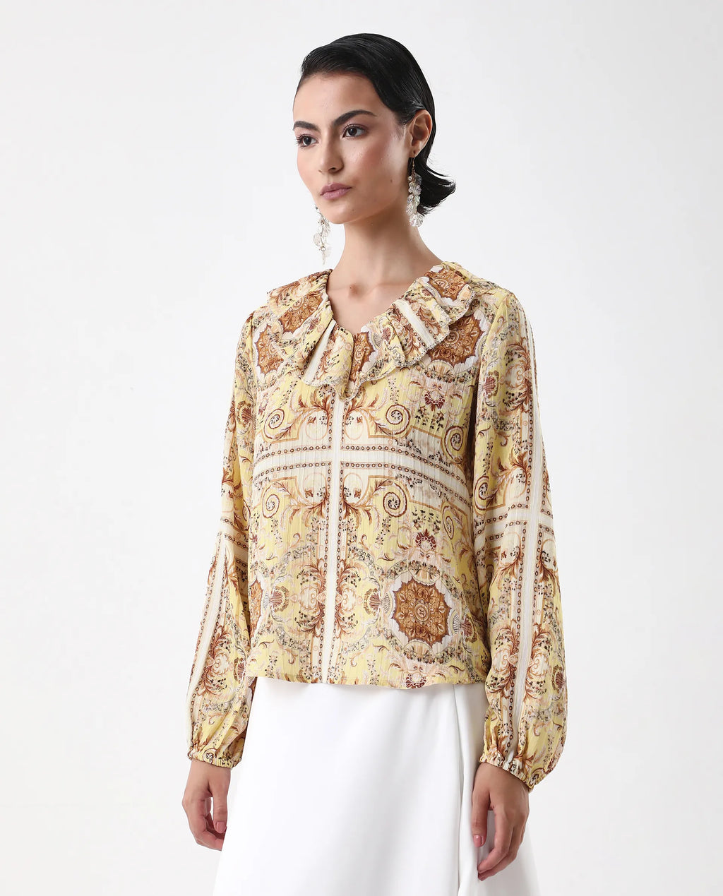 Rareism Women's Nueson Yellow Polyester Ruffled Neck Regular Fit Top