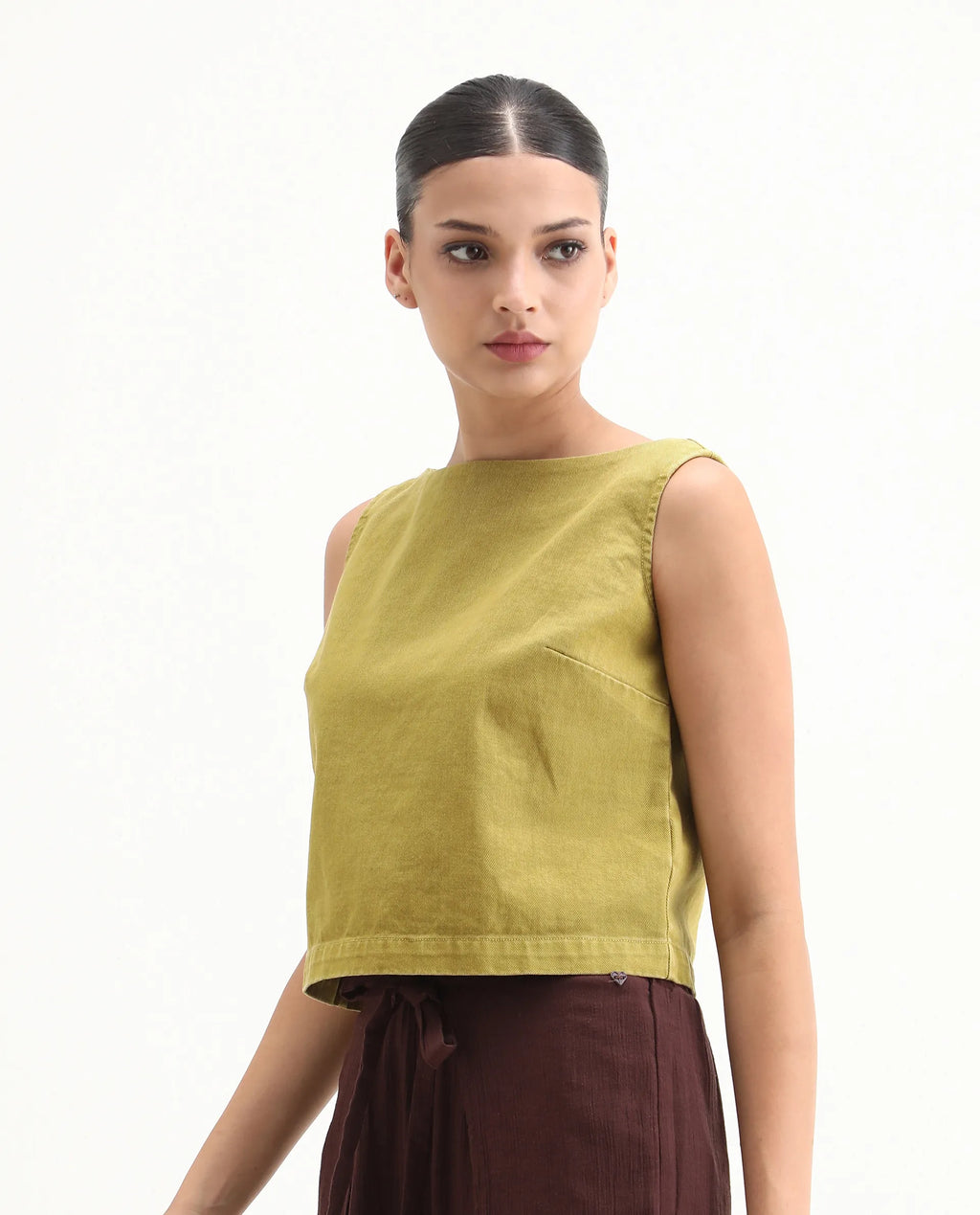 Rareism Women's Nufes-T Olive Cotton Boat Neck Boxy Fit Plain Top