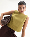 Rareism Women's Nufes-T Olive Cotton Boat Neck Boxy Fit Plain Top