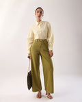 Rareism Women's Nufes B Olive Cotton Wide Ankle Length Plain Trouser