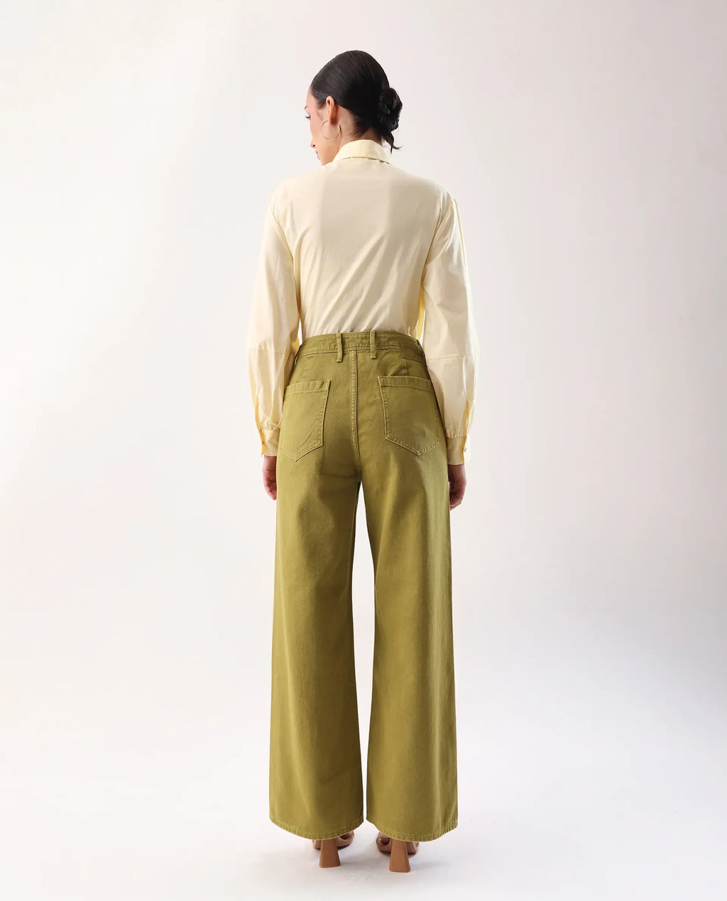 Rareism Women's Nufes B Olive Cotton Wide Ankle Length Plain Trouser