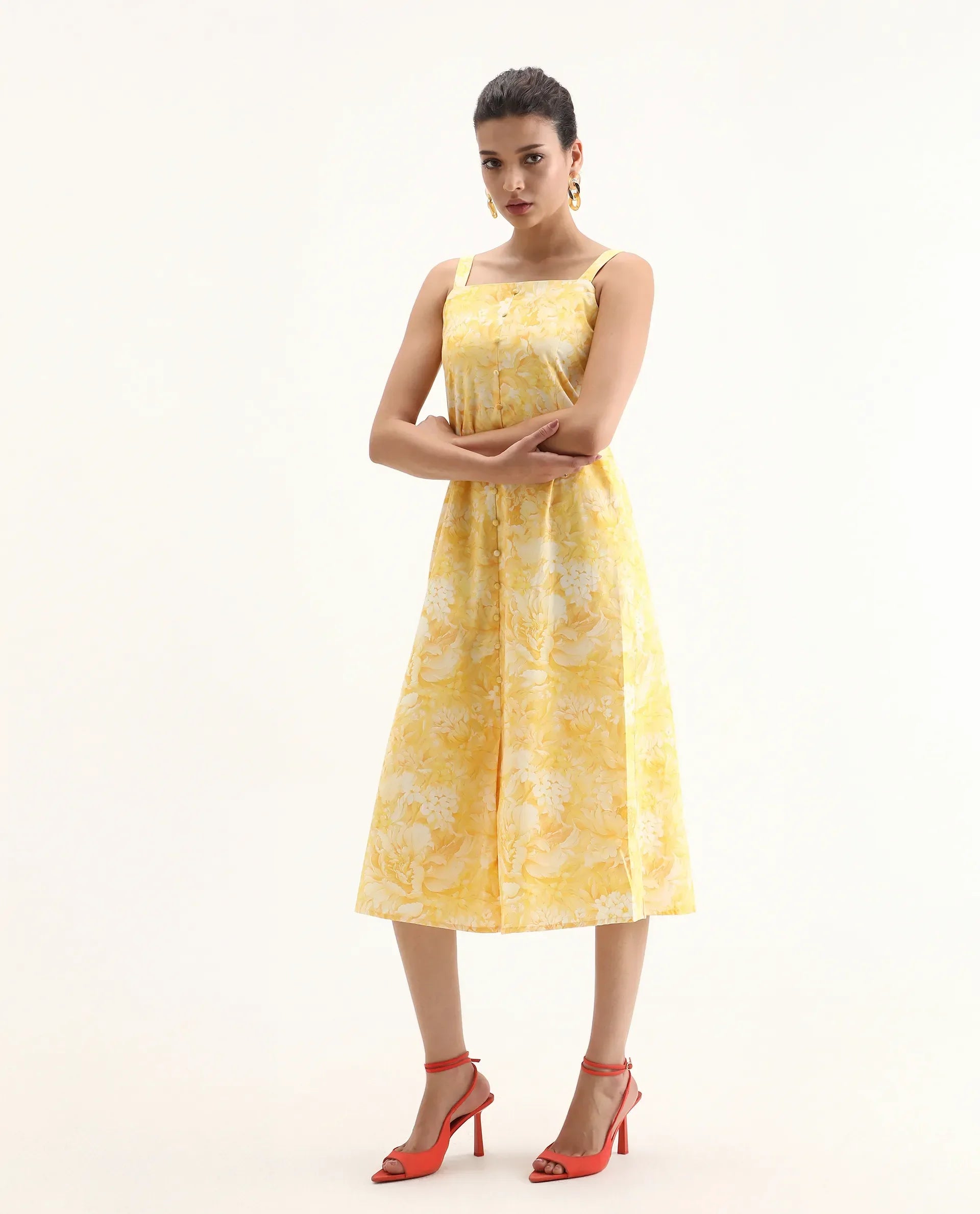 Rareism Women's Nujon Yellow Viscose Square Neck Floral Print Sleeveless Midi A-Line Dress