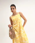 Rareism Women's Nujon Yellow Viscose Square Neck Floral Print Sleeveless Midi A-Line Dress