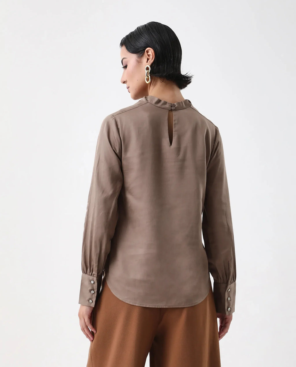 Rareism Women's Nujuno Beige Cotton Blend Cuffed Sleeve Cowl Neck Regular Fit Plain Top