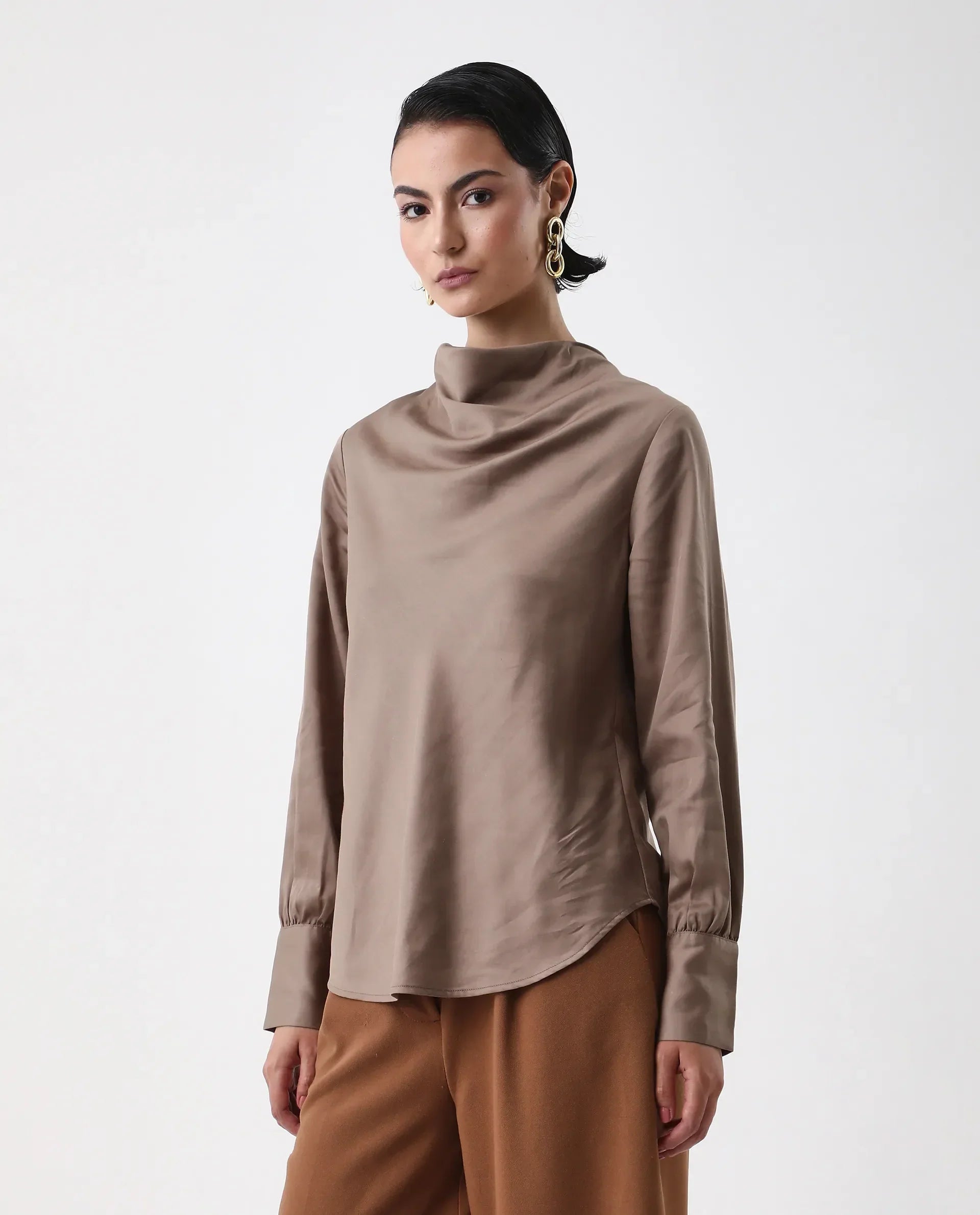 Rareism Women's Nujuno Beige Cotton Blend Cuffed Sleeve Cowl Neck Regular Fit Plain Top