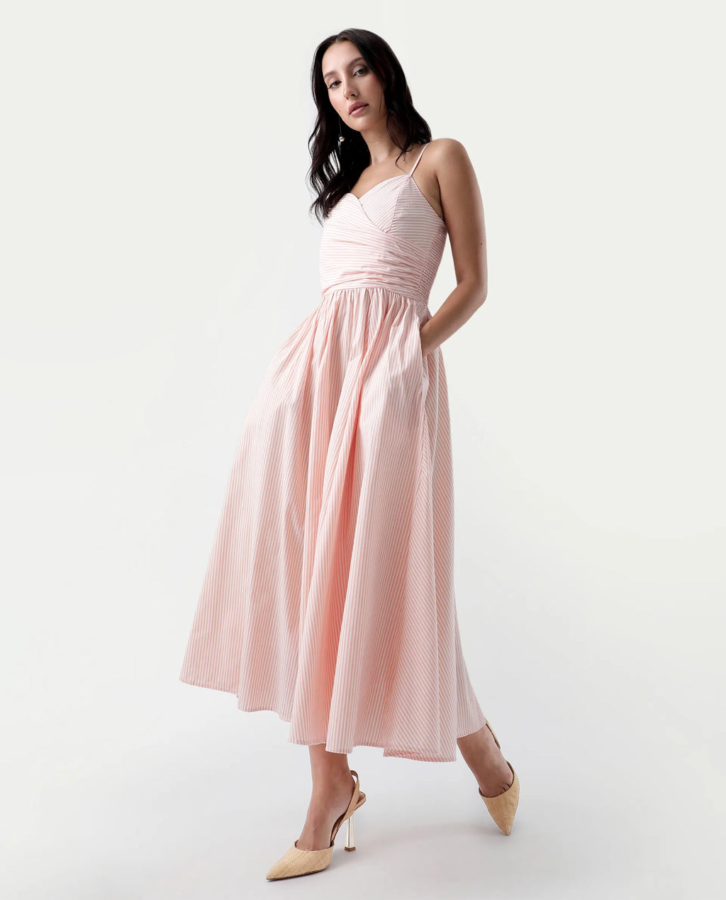 Rareism Women's Nuloon Pink Cotton Sweetheart Neck Striped Sleeveless Midi Fit And Flare Dress