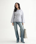 Rareism Women's Nulu Light Blue Cotton Extended Sleeves Round Neck Regular Fit Top
